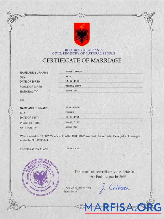 Realistic Albania marriage certificate PSD template